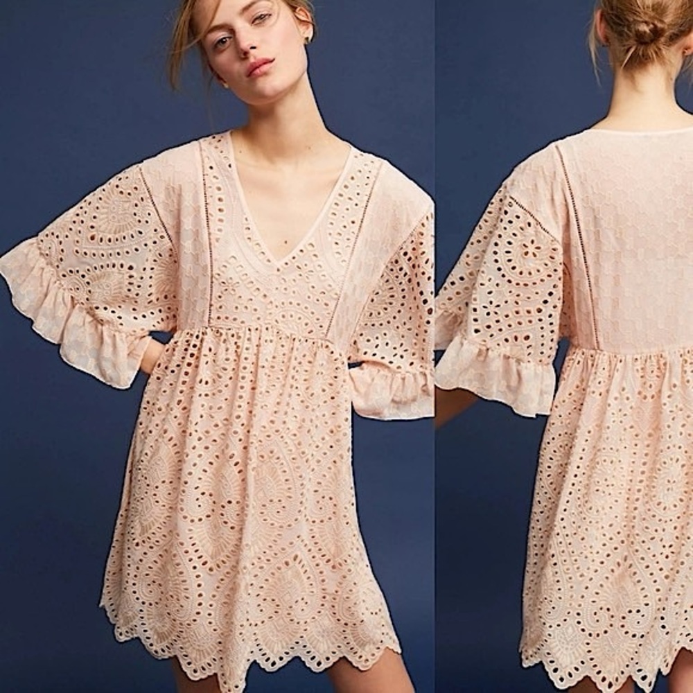 AKEMI + KIN by Anthropologie Pink Eyelet Flutter Sleeve Babydoll Dress Size 6P